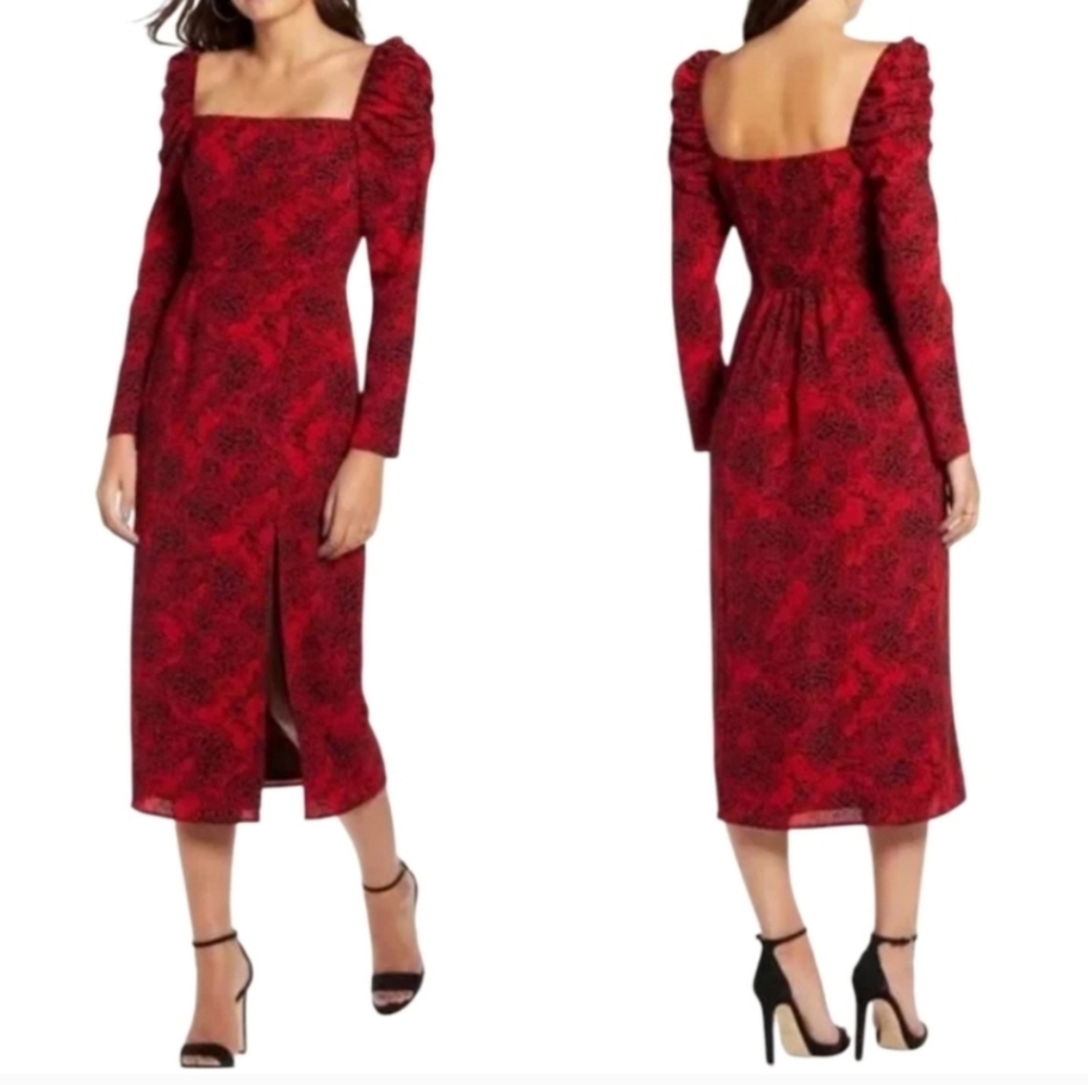 Spatter Print Square Neck Long Sleeve Midi Dress